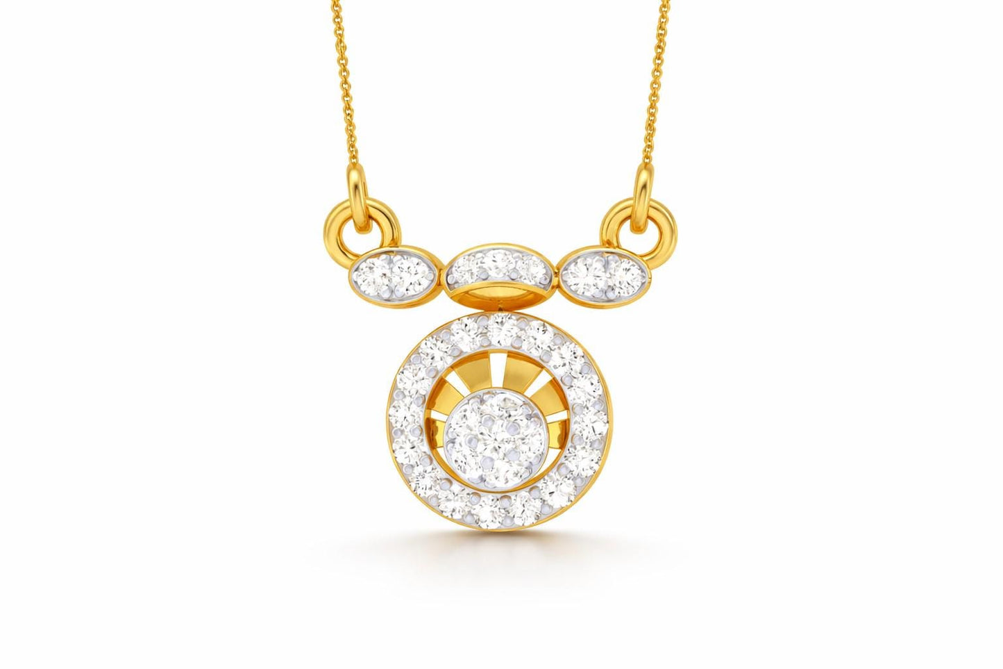 Riora moissanite halo pendant necklace in rose gold, gold, and silver with adjustable chain, minimal bridal jewelry design.