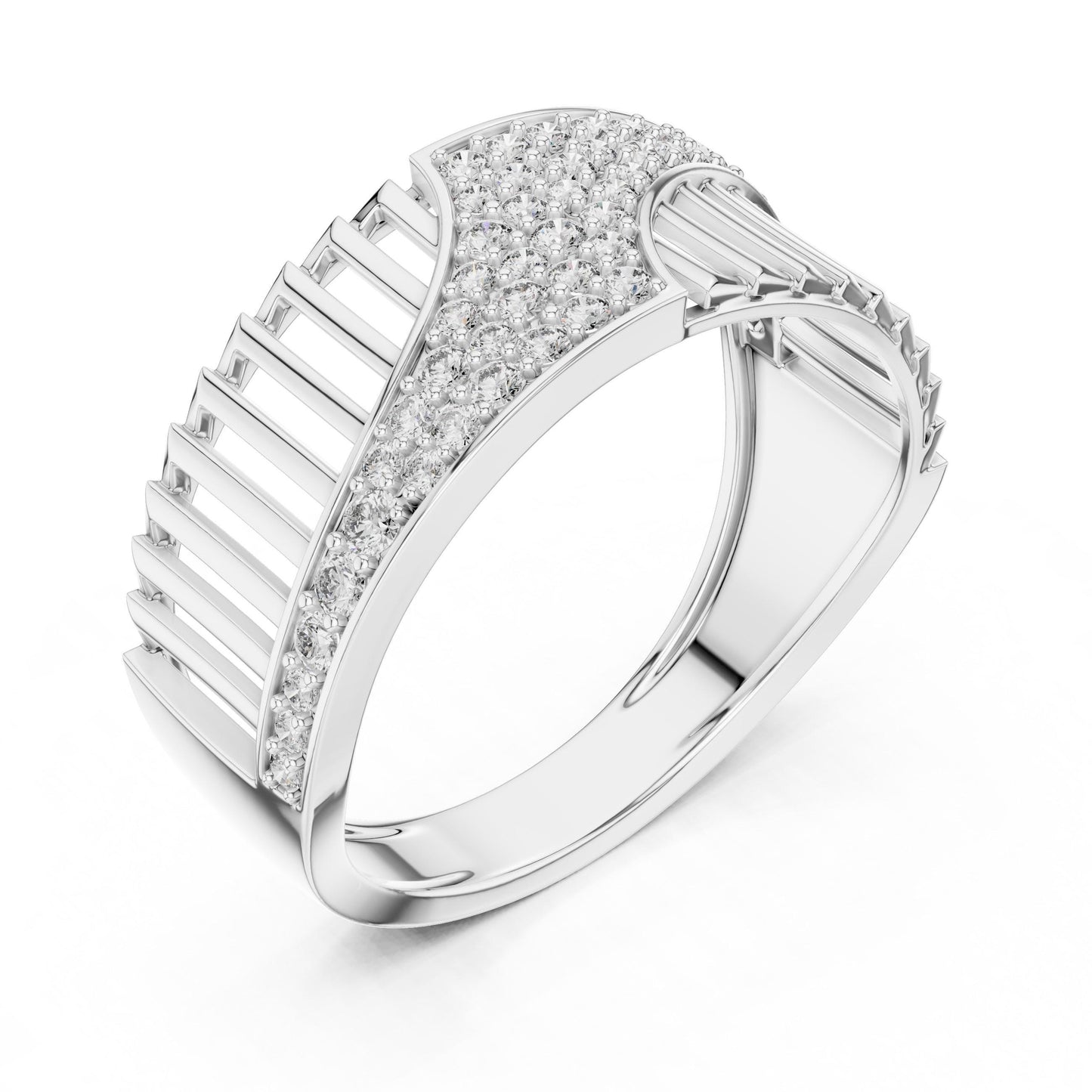 Riora curved CZ wide band ring in gold and silver, modern wedding and promise jewelry with statement design and sparkling stones.