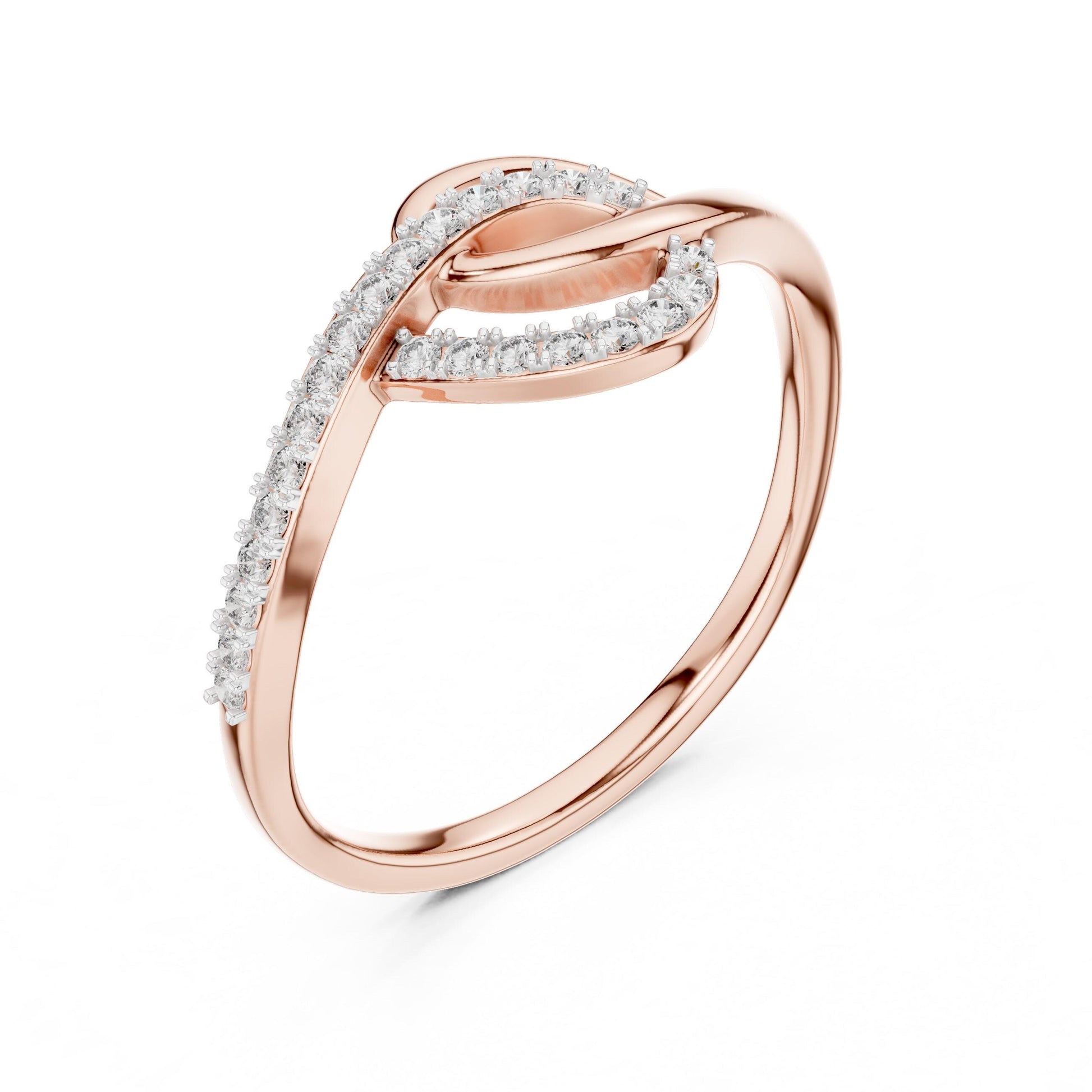 Riora infinity moissanite ring with twisted knot design in rose gold and silver, romantic engagement or gift jewelry.