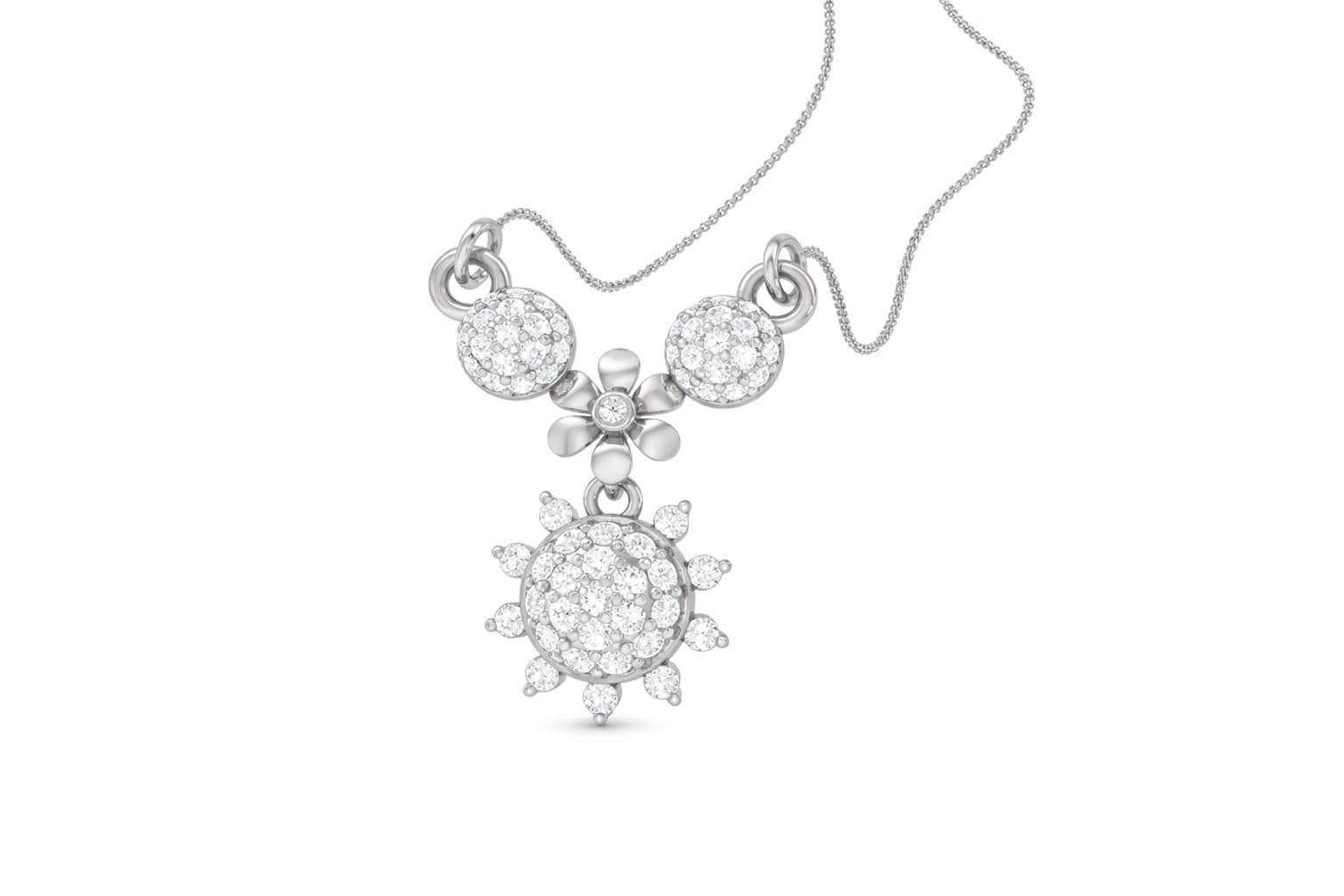 Riora moissanite floral sunburst necklace in gold, rose gold, and silver with a dainty bridal pendant featuring sparkling stones