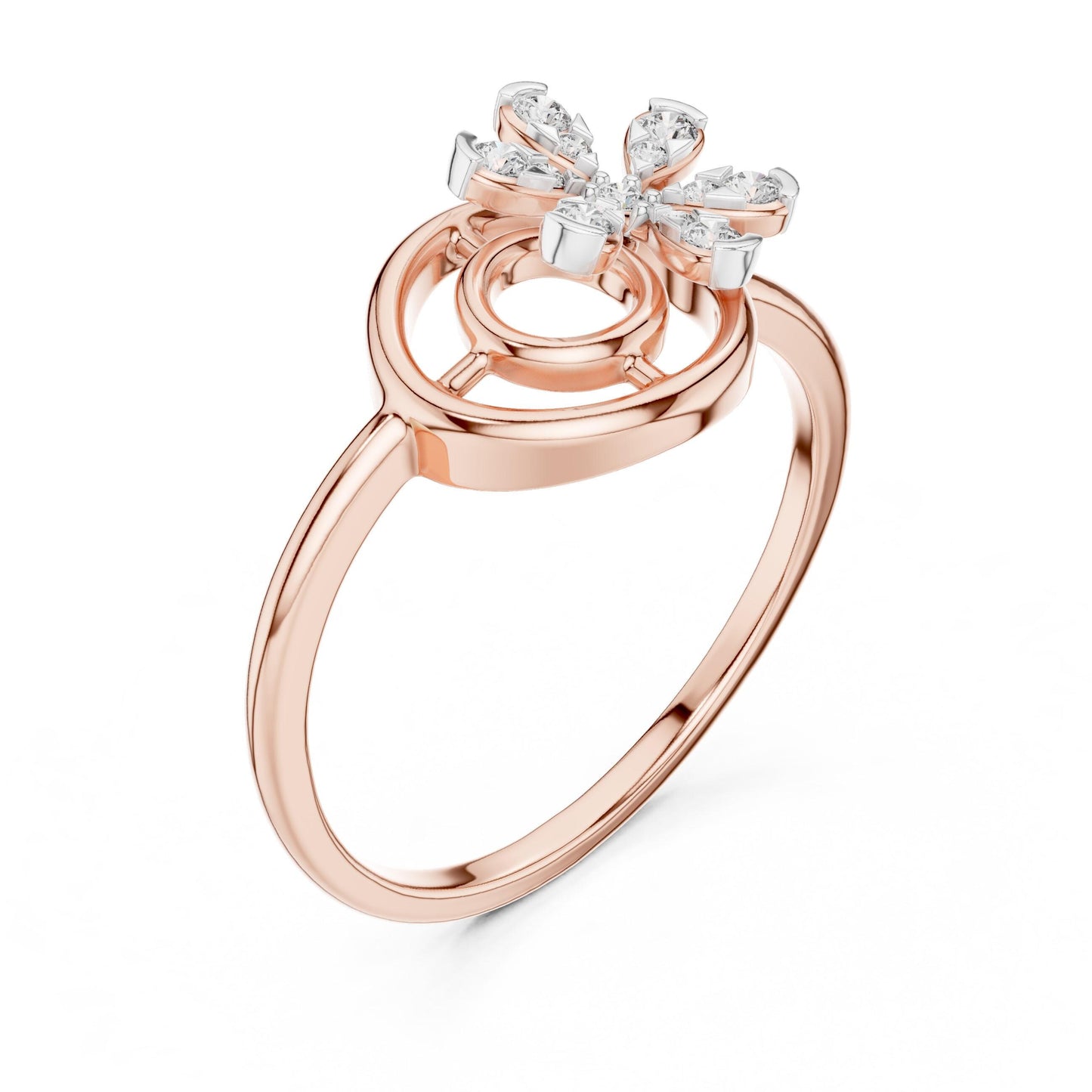 Riora moissanite flower swirl ring with floral design, vintage-inspired engagement ring in rose gold band featuring diamond style accents.