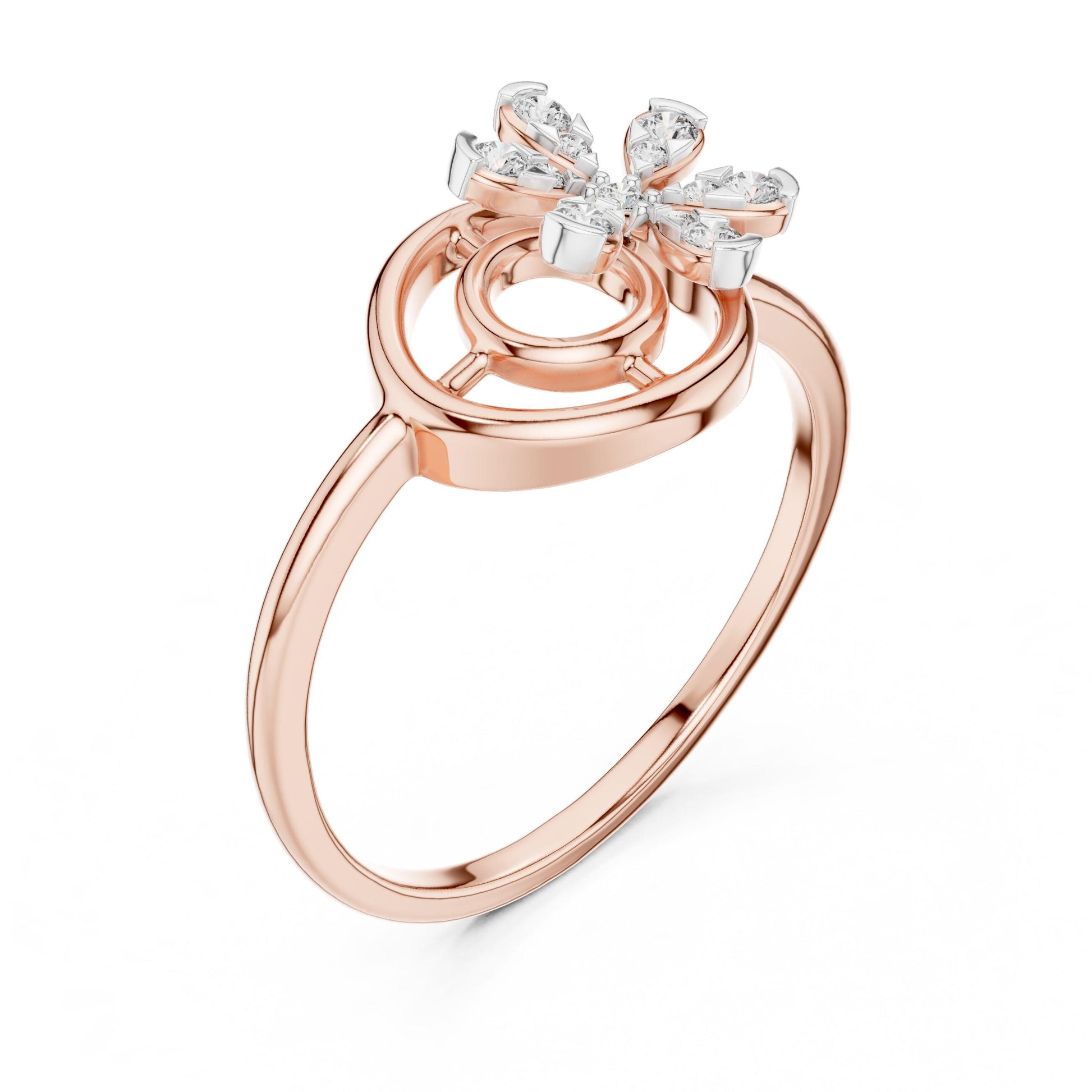 Riora moissanite flower swirl ring with floral design, vintage-inspired engagement ring in rose gold band featuring diamond style accents.