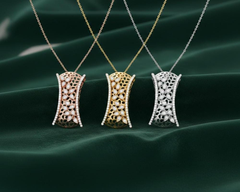 Riora Moissanite leaf pendant necklace in rose gold and silver, hypoallergenic jewelry perfect for Valentine gift for her.
