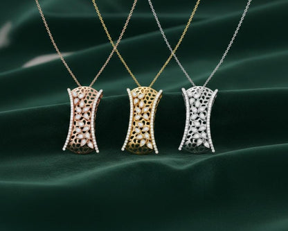 Riora Moissanite leaf pendant necklace in rose gold and silver, hypoallergenic jewelry perfect for Valentine gift for her.