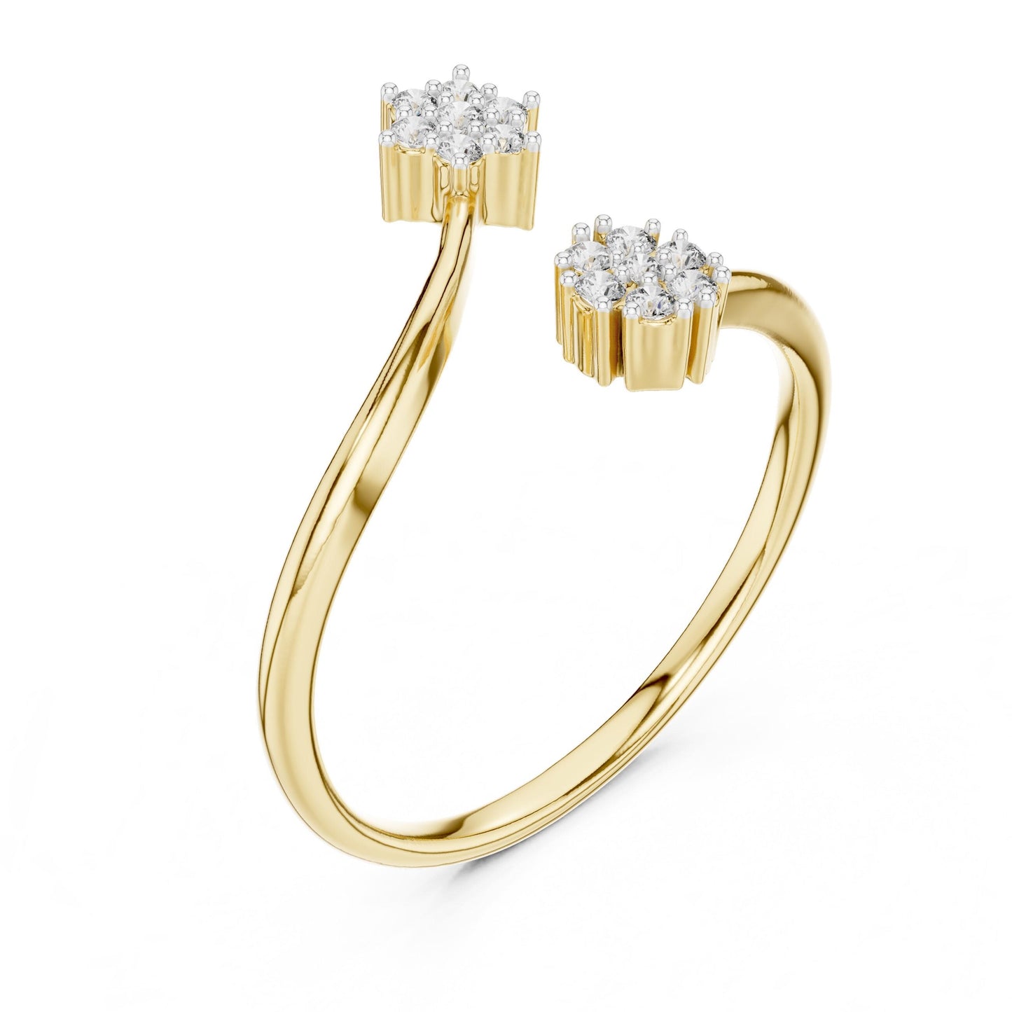 Riora rose gold moissanite open bypass ring with double cluster floral halo design and diamond accents.