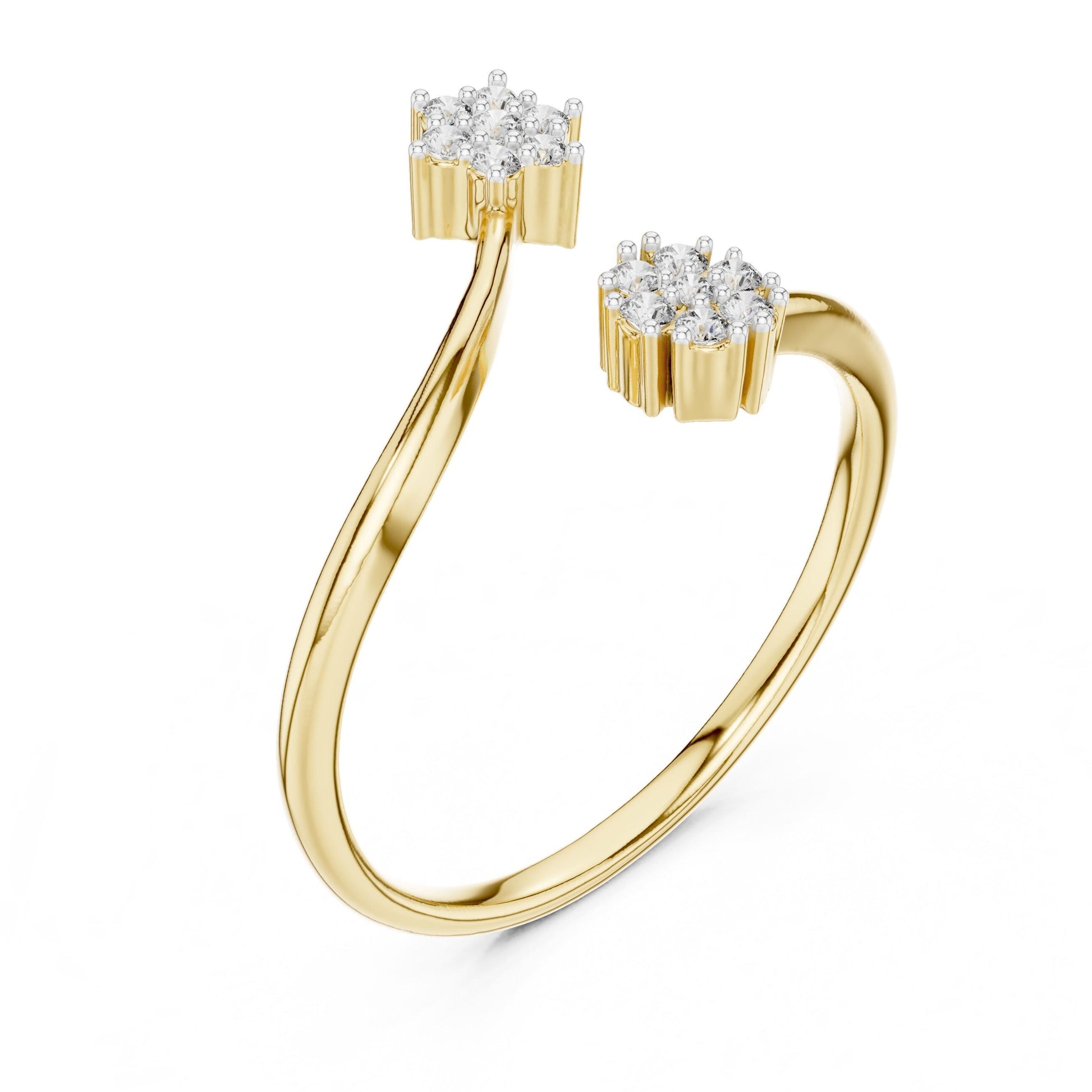 Riora rose gold moissanite open bypass ring with double cluster floral halo design and diamond accents.