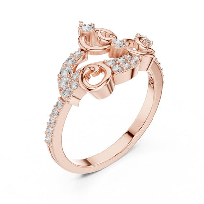 Rose gold swirl moissanite diamond ring for women with an elegant twisted band, Riora jewelry, promise ring style.