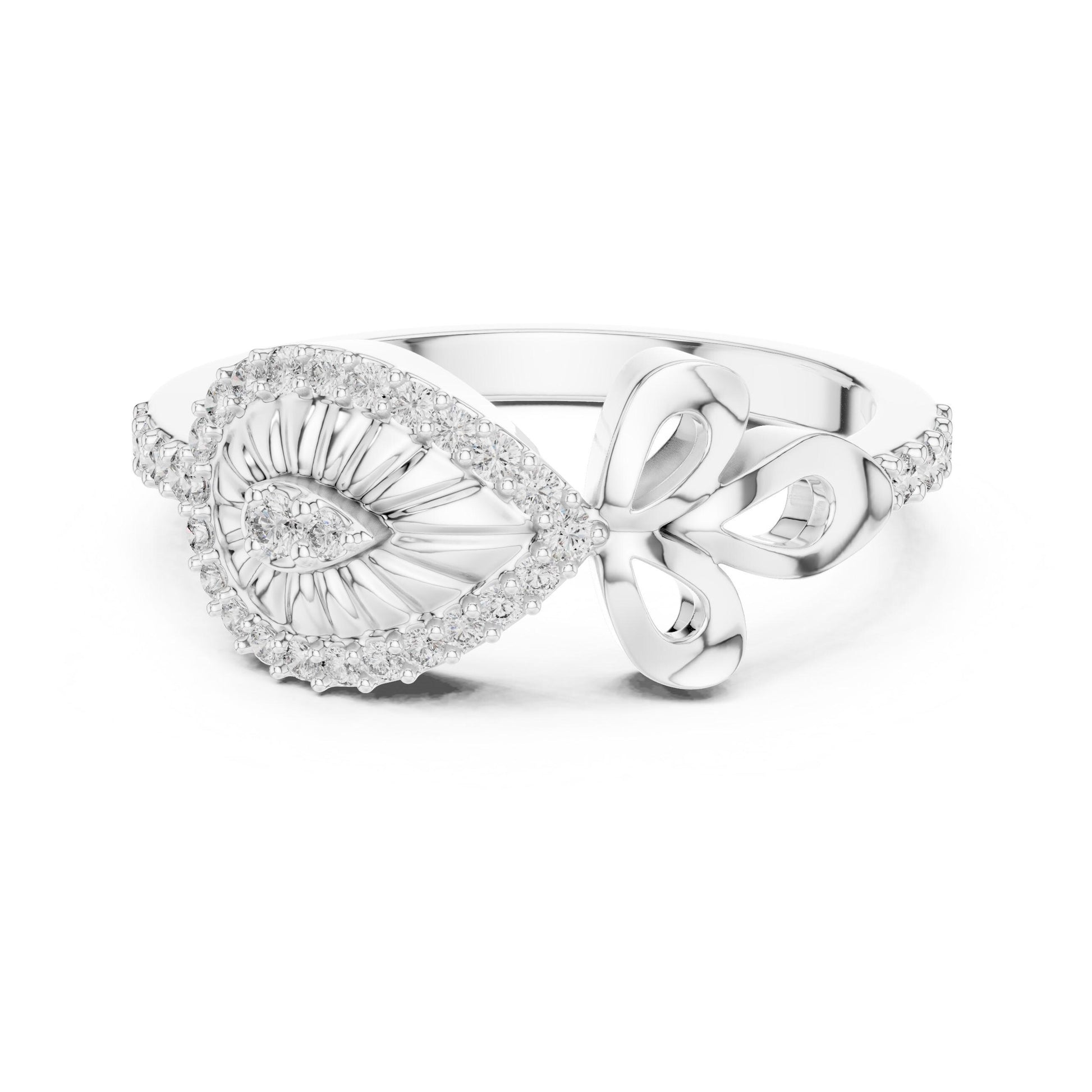 Vintage eye-shaped bow ring by Riora featuring moissanite diamonds, dainty evil band, minimal promise jewelry for women.