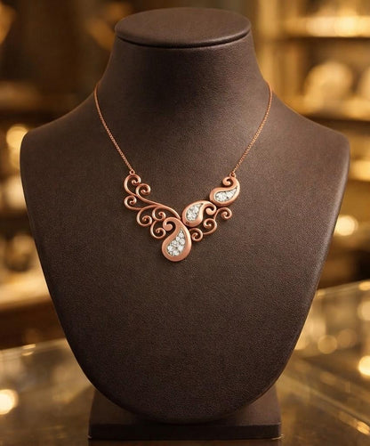 Riora vintage moissanite scroll necklace in rose gold, silver, and gold with a pendant, perfect for bridal or statement jewelry.