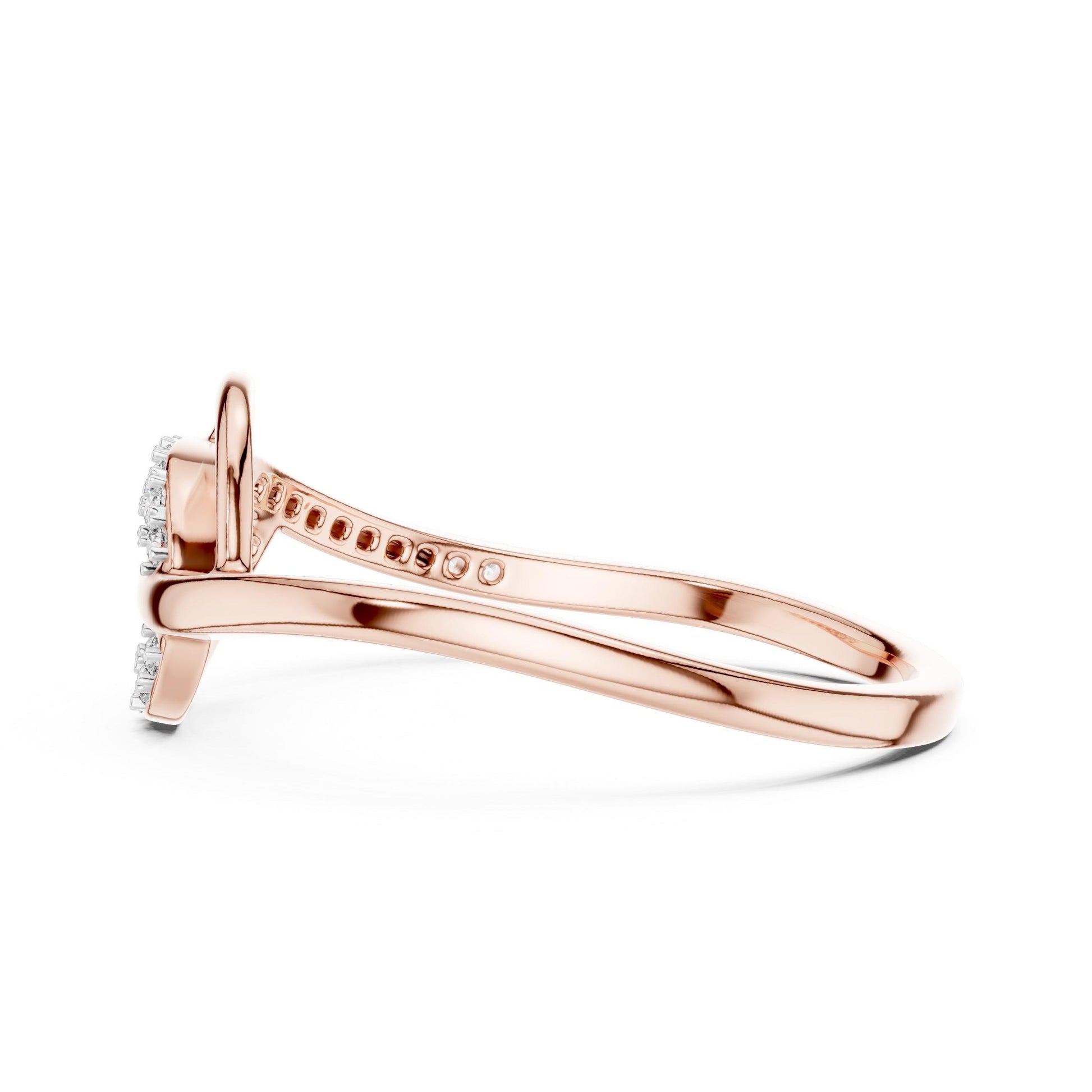 Rose gold infinity moissanite ring with twisted knot design, romantic diamond-style band, ideal for engagement or gift.