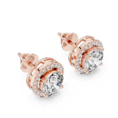 Riora Halo moissanite diamond stud earrings in gold, rose, and silver with a minimalist design, perfect for bridal jewelry.