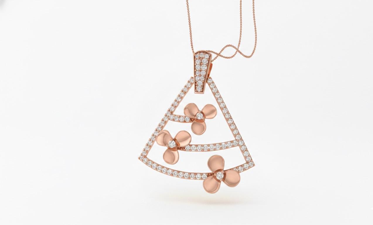 Moissanite Triangle Pendant Necklace in Gold Rose Silver | Floral Geometric Charm | 22in Adjustable Chain