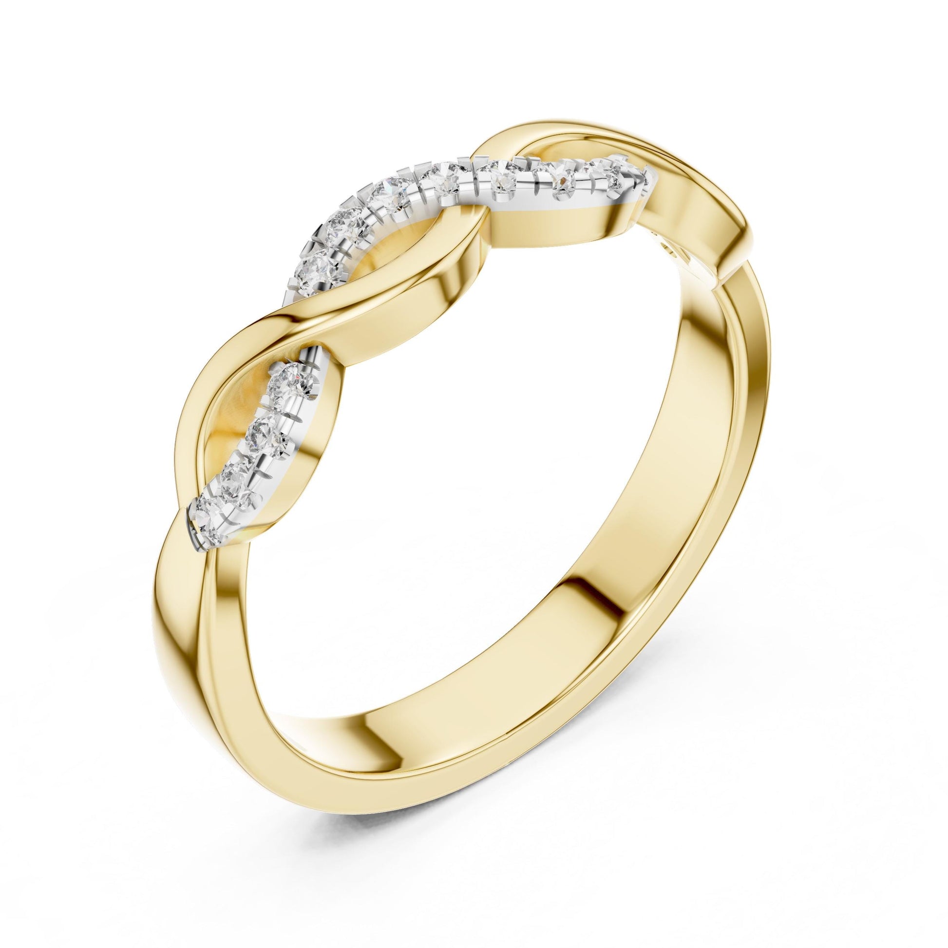 Rose gold Infinity Twist Moissanite diamond ring for women, minimalist wedding band with a twist design by Riora