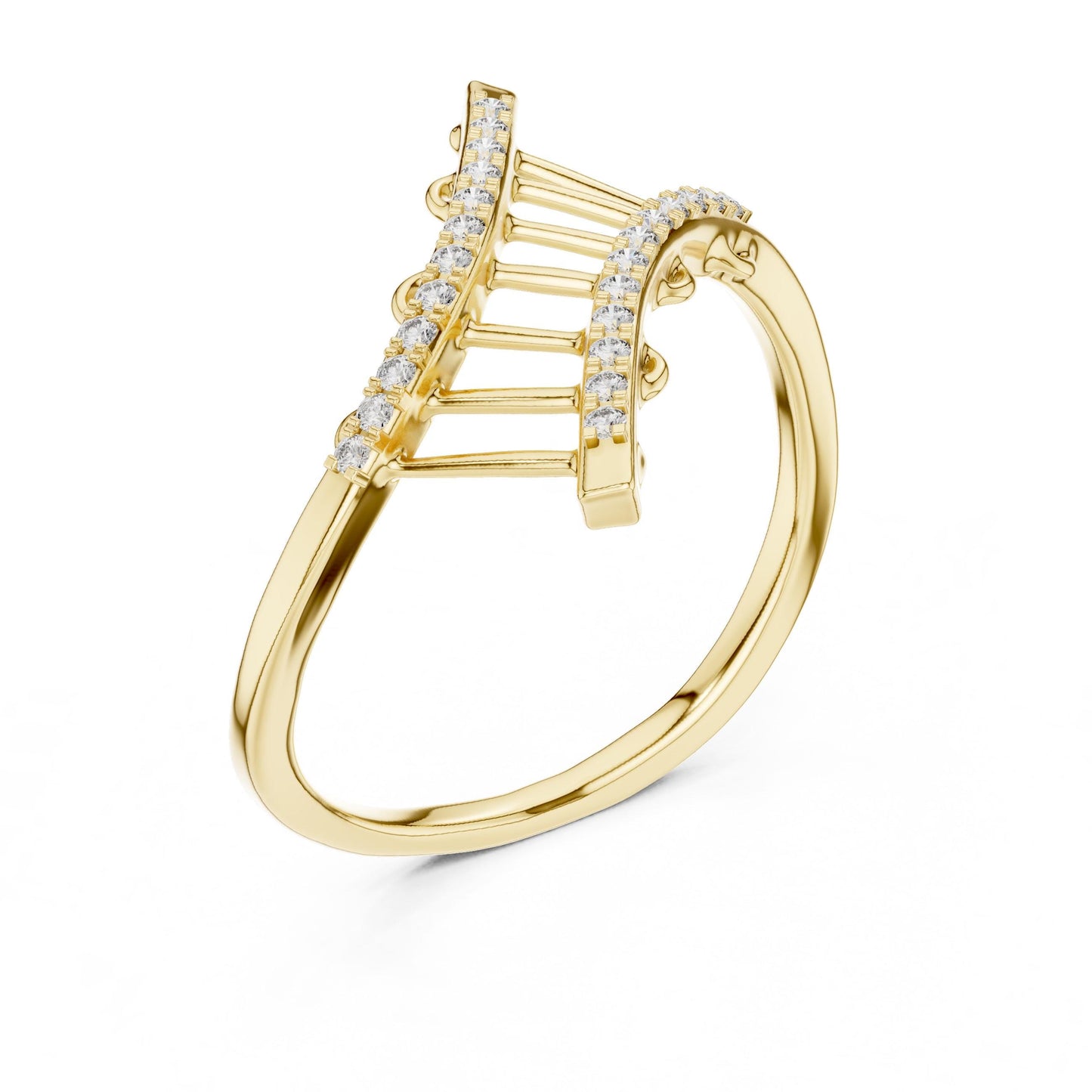 Rose gold curved moissanite crossover ring with open ladder design, minimalist statement band, crafted by Riora.