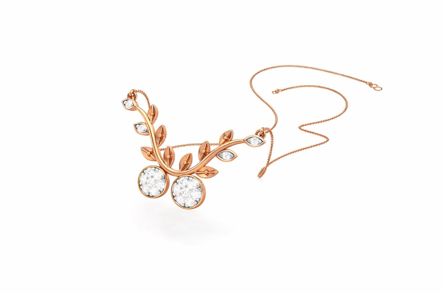 Riora moissanite cherry branch necklace with leaf pendant in rose gold and silver, minimalist nature-inspired bridal jewelry.