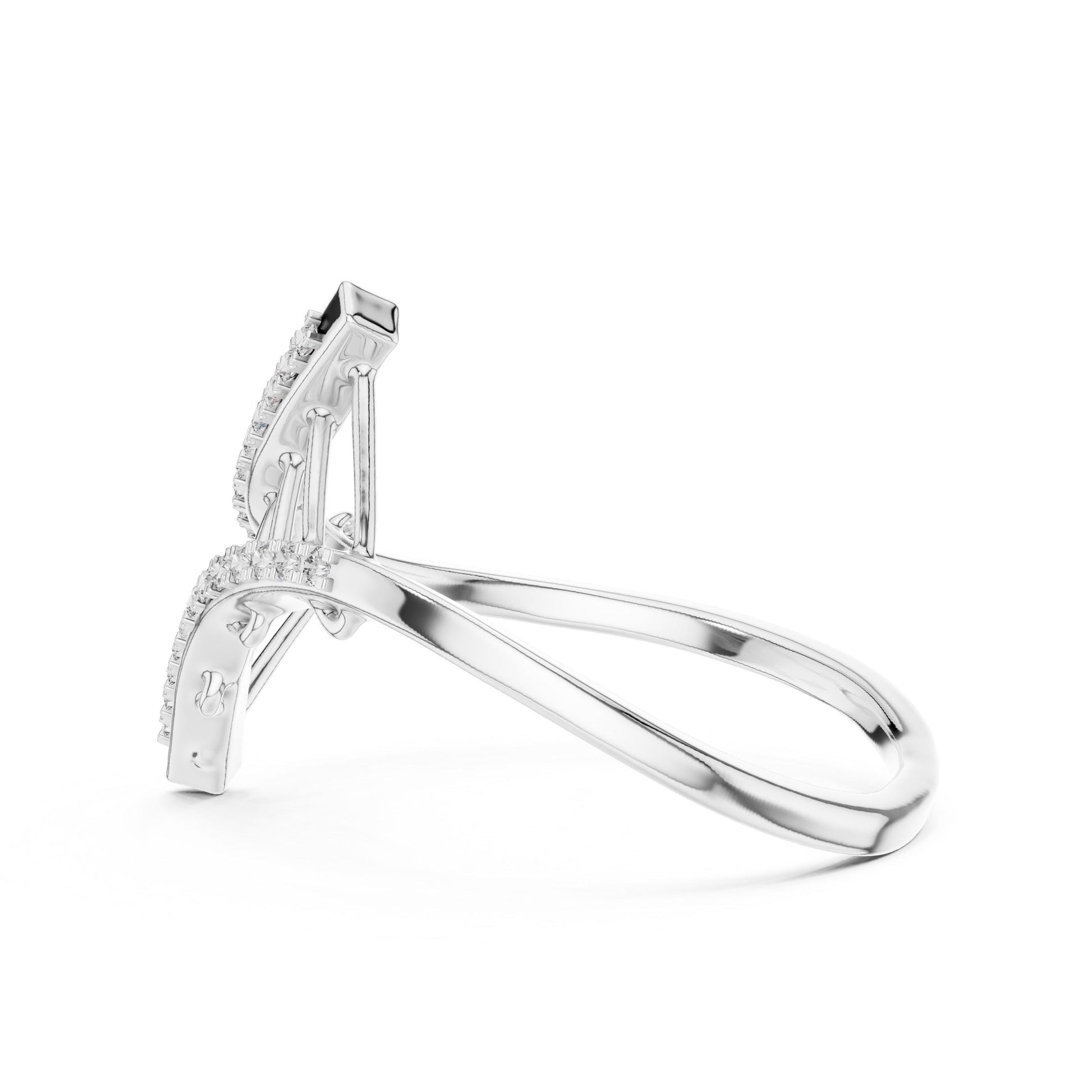 Rose gold curved moissanite crossover ring with open ladder design, minimalist statement band from Riora.