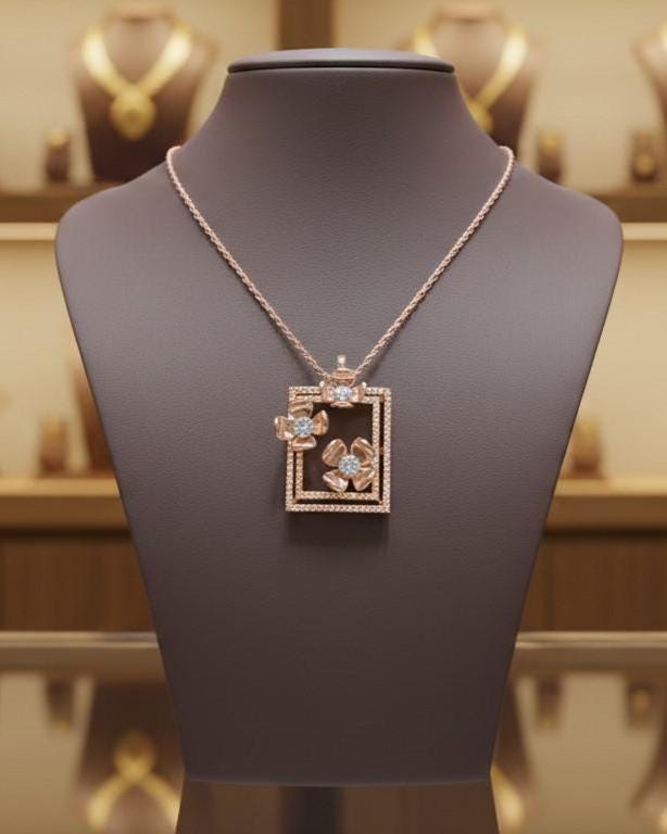 Floral Square Pendant Necklace – Gold Rose Silver, 22in Adjustable Chain, Hypoallergenic Gift for Her