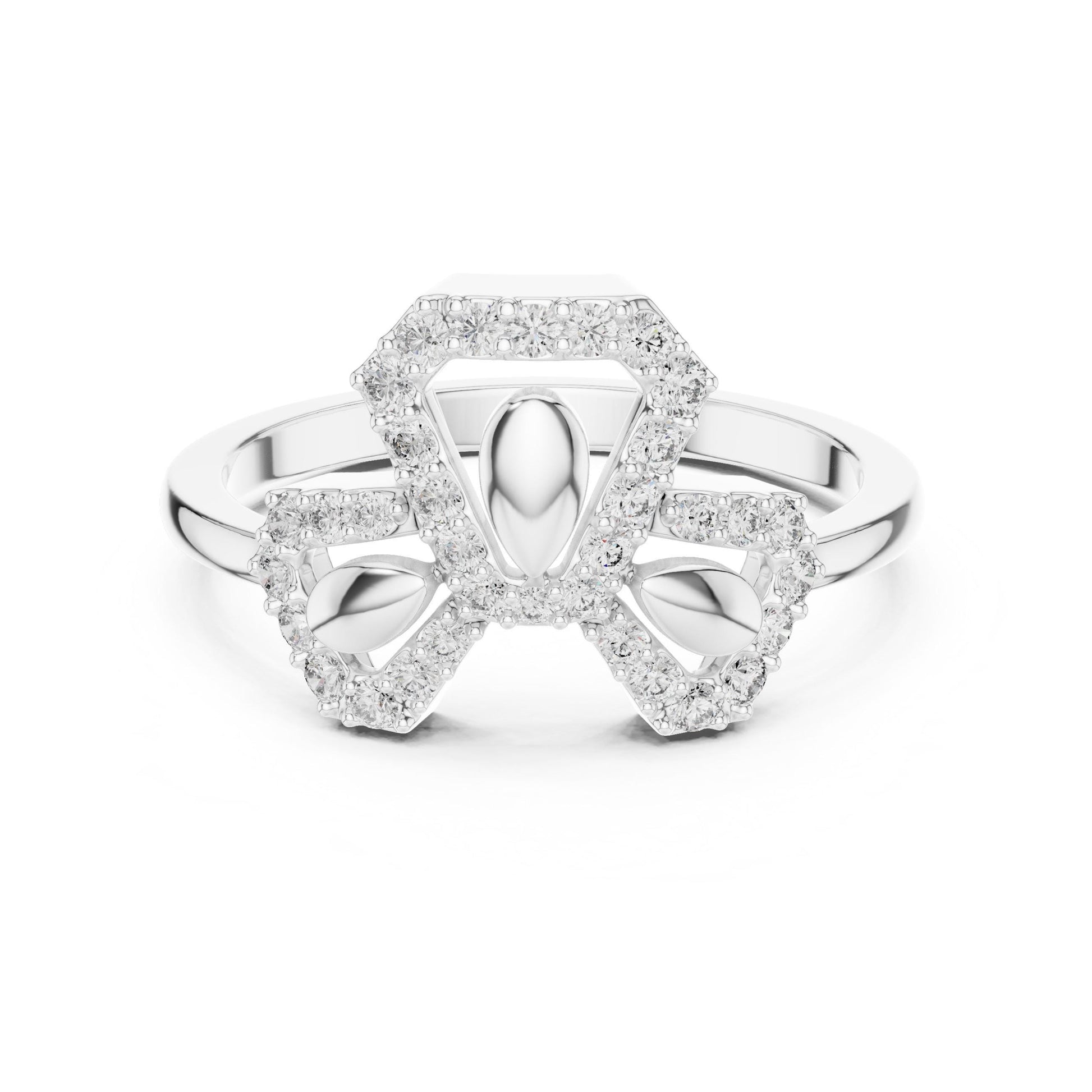 Riora rose gold moissanite diamond ring with a bow knot design, minimalist dainty bridal jewelry for elegant promise or wedding day.
