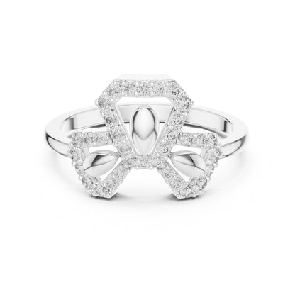 Riora rose gold moissanite diamond ring with a bow knot design, minimalist dainty bridal jewelry for elegant promise or wedding day.