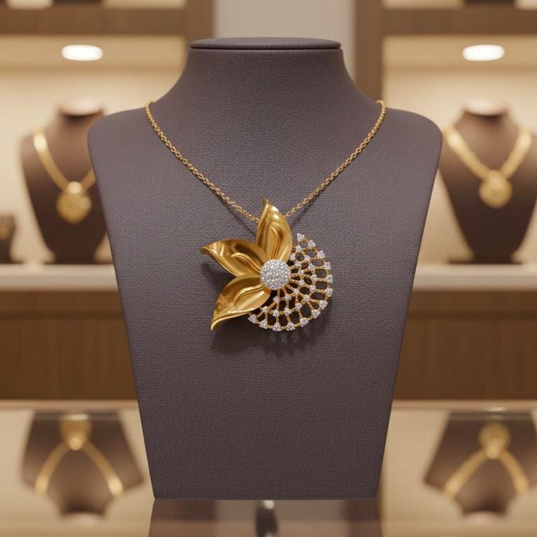 Moissanite Flower Pendant Necklace, Gold Rose Silver Floral Charm,  Hypoallergenic Gift for Her