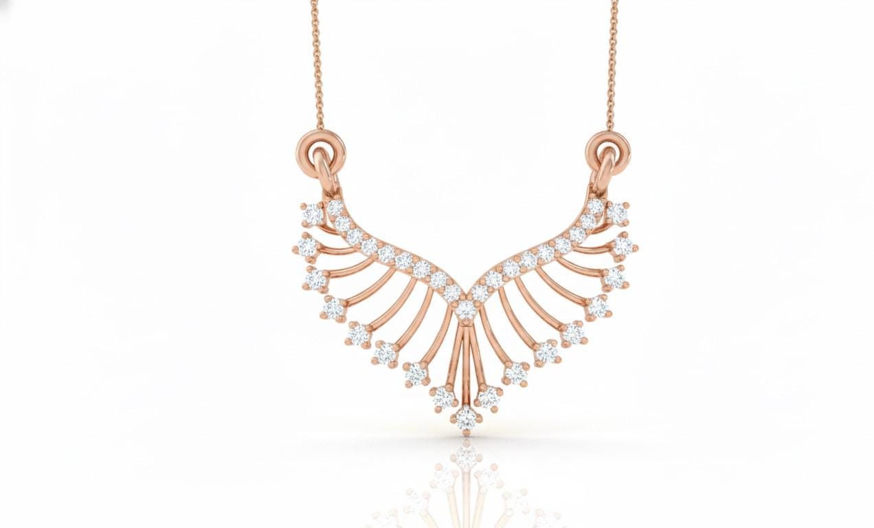 Rose gold necklace with diamonds on a white background