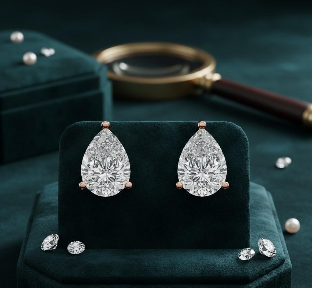 Pear cut moissanite diamond stud earrings in rose gold, minimalist teardrop design for bridal or wedding jewelry.