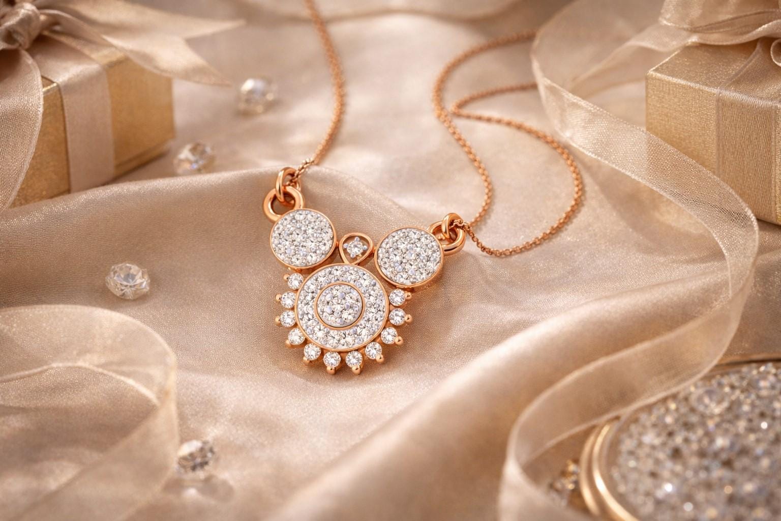 Riora moissanite statement bridal necklace with rose gold pendant, silver chain, diamond look, perfect for wedding jewelry.