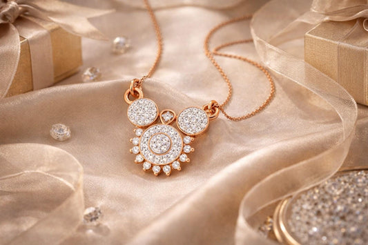 Riora moissanite statement bridal necklace with rose gold pendant, silver chain, diamond look, perfect for wedding jewelry.