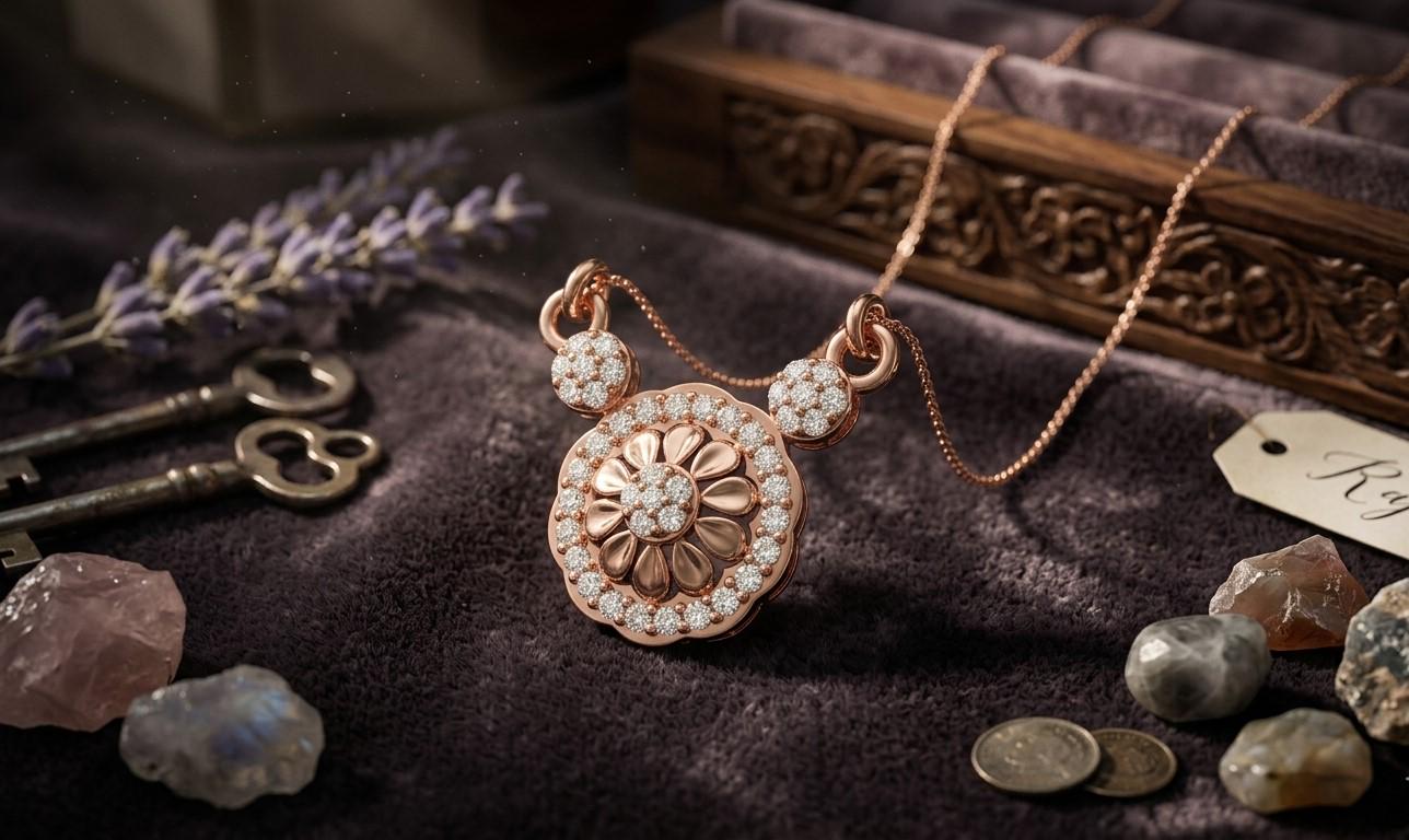 Rose gold moissanite floral pendant necklace with vintage flower design, elegant bridal jewelry for women.