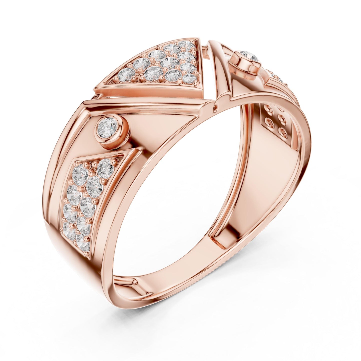Gold moissanite statement ring with bold cocktail band design, perfect for bridal or birthday gift jewelry by Riora.