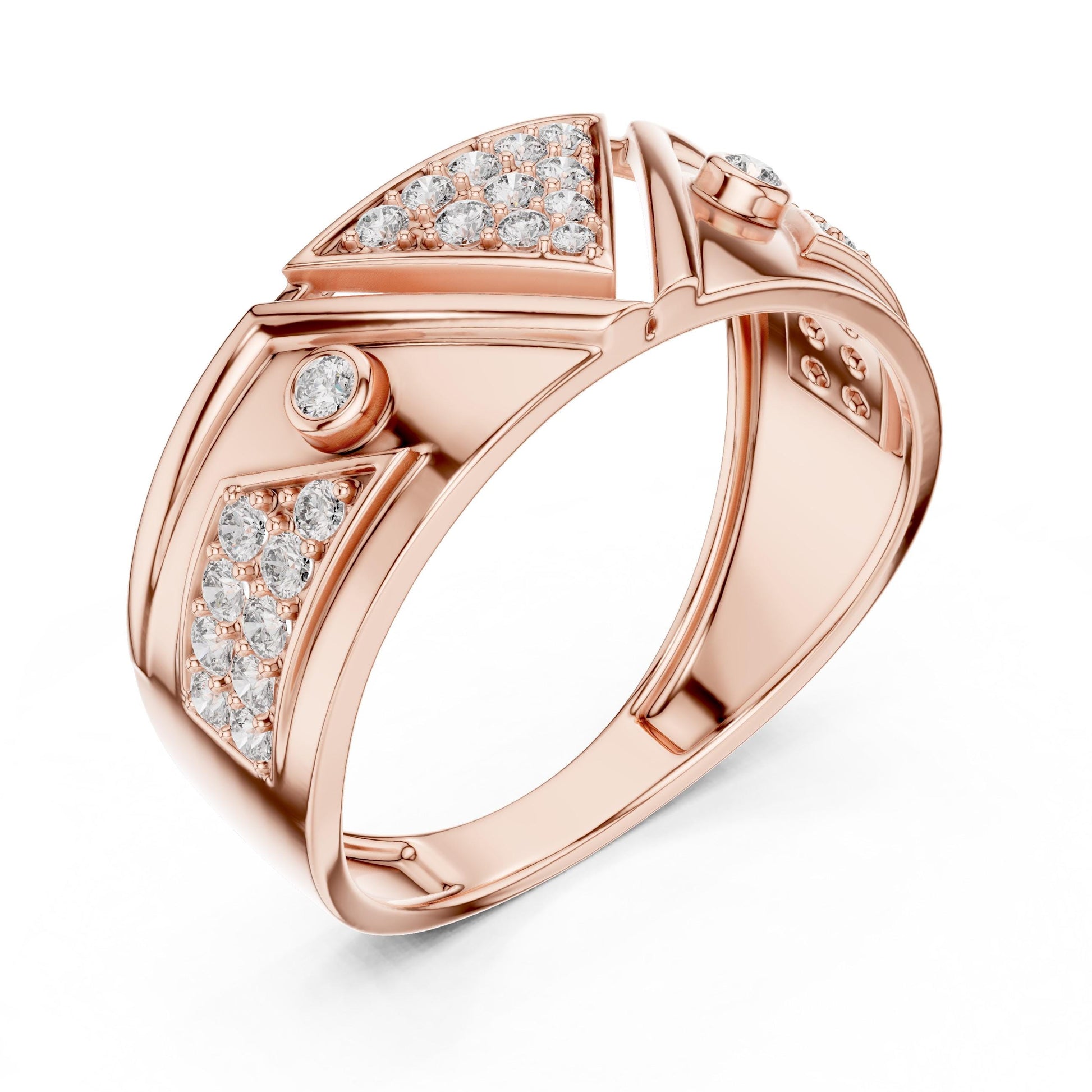Gold moissanite statement ring with bold cocktail band design, perfect for bridal or birthday gift jewelry by Riora.