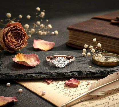 Riora elegant CZ engagement ring featuring rose gold, silver band, and sparkling stones, hypoallergenic wedding jewelry for brides.