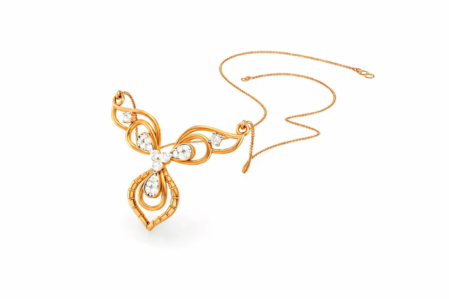 Riora rose gold moissanite butterfly necklace with elegant pendant, perfect for bridal jewelry and minimalist luxury style.