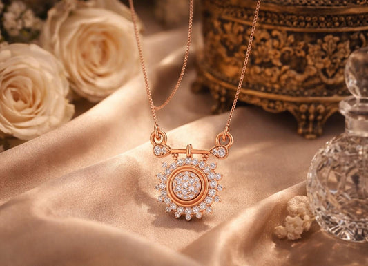 Riora Moissanite Sunburst Necklace in gold, rose, and silver, showcasing a minimalist bridal pendant with a radiant sunburst design.