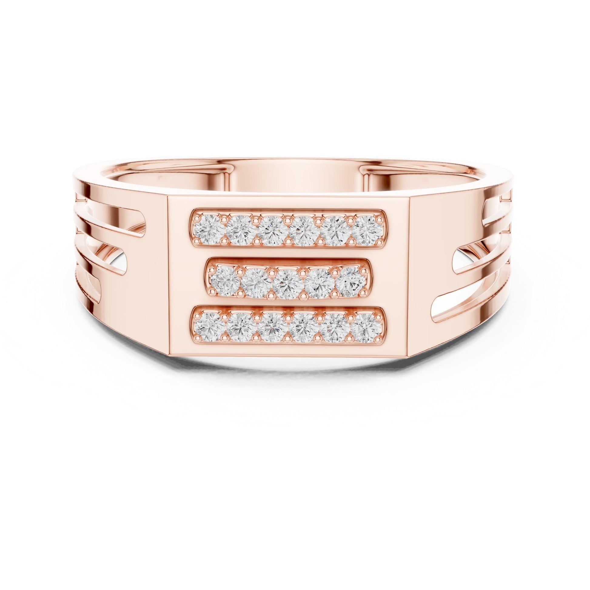 Riora rose silver chunky CZ triple bar panel ring with modern design, perfect as a wedding or promise band.