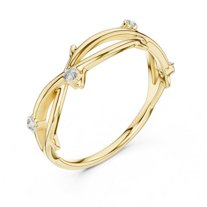Rose gold moissanite branch ring with a nature-inspired twig design, minimalist diamond look, by Riora.