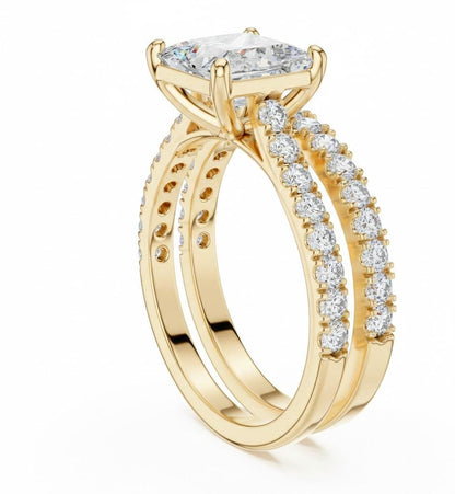 Riora princess cut moissanite diamond engagement ring set with halo and wedding promise band on a white background.