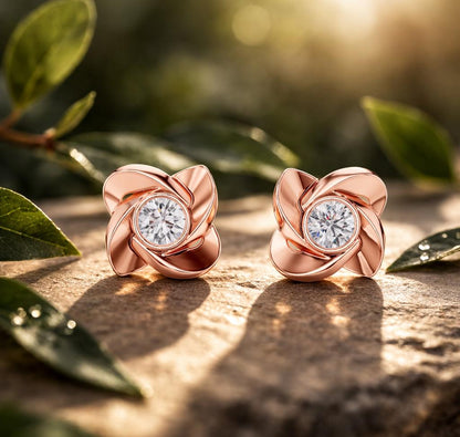 Riora floral moissanite diamond stud earrings in gold, rose, and silver with delicate flower design, minimalist bridal jewelry.