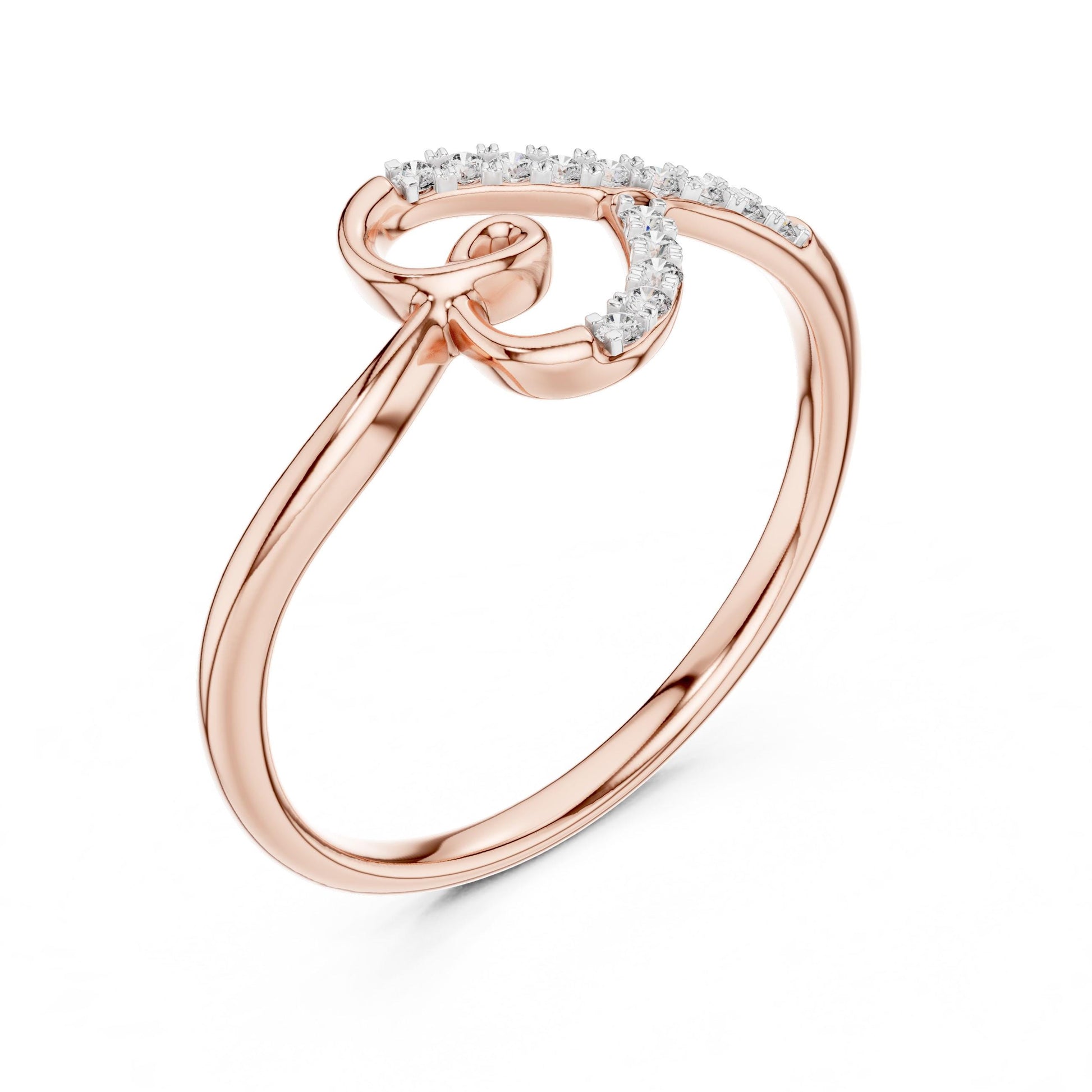 Riora moissanite heart ring with curved diamond band in rose gold and silver, minimalist romantic jewelry for special occasions