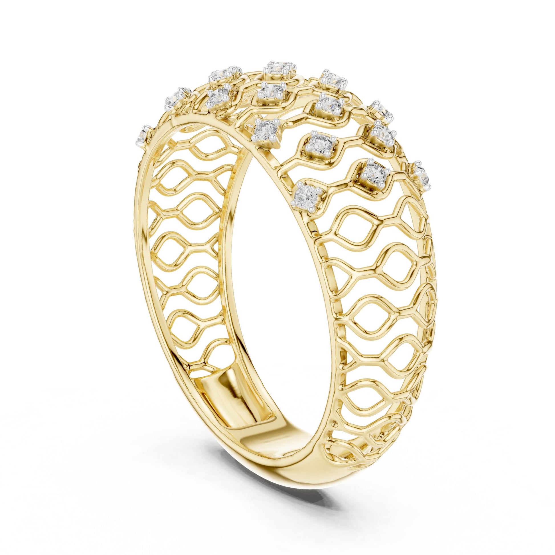 Riora moissanite wide rose gold anniversary wedding band with diamond look lattice design, luxury bridal jewelry.