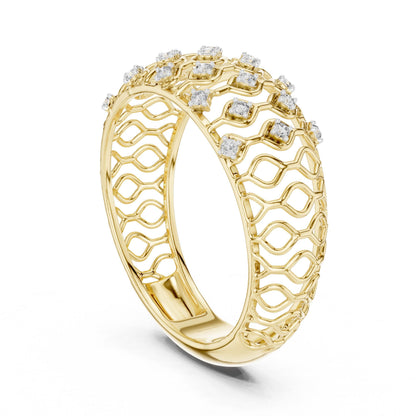 Riora moissanite wide rose gold anniversary wedding band with diamond look lattice design, luxury bridal jewelry.