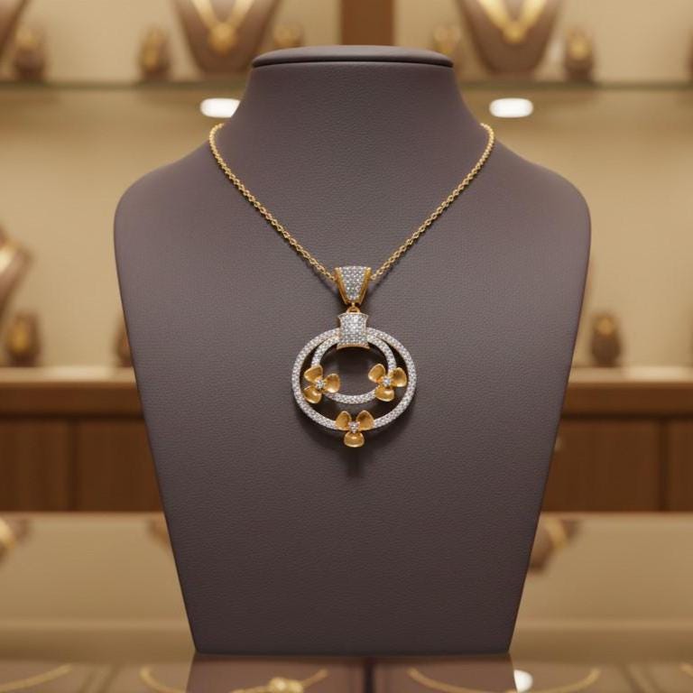 Circle Pendant Gold Rose Silver Jewelry, Floral Diamond Look Necklace, Valentine Gift for Her