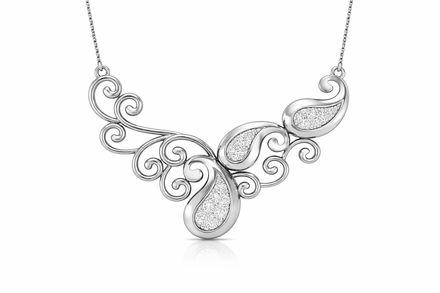 Vintage moissanite scroll necklace by Riora featuring a rose gold, silver, or gold pendant with intricate scroll detailing.