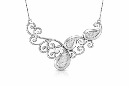 Vintage moissanite scroll necklace by Riora featuring a rose gold, silver, or gold pendant with intricate scroll detailing.