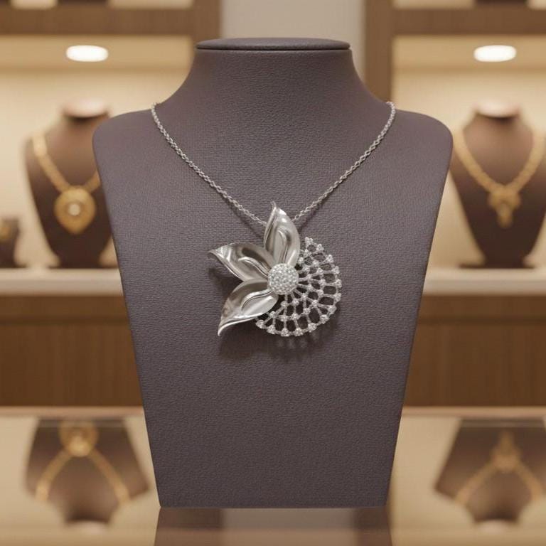 Moissanite Flower Pendant Necklace, Gold Rose Silver Floral Charm,  Hypoallergenic Gift for Her