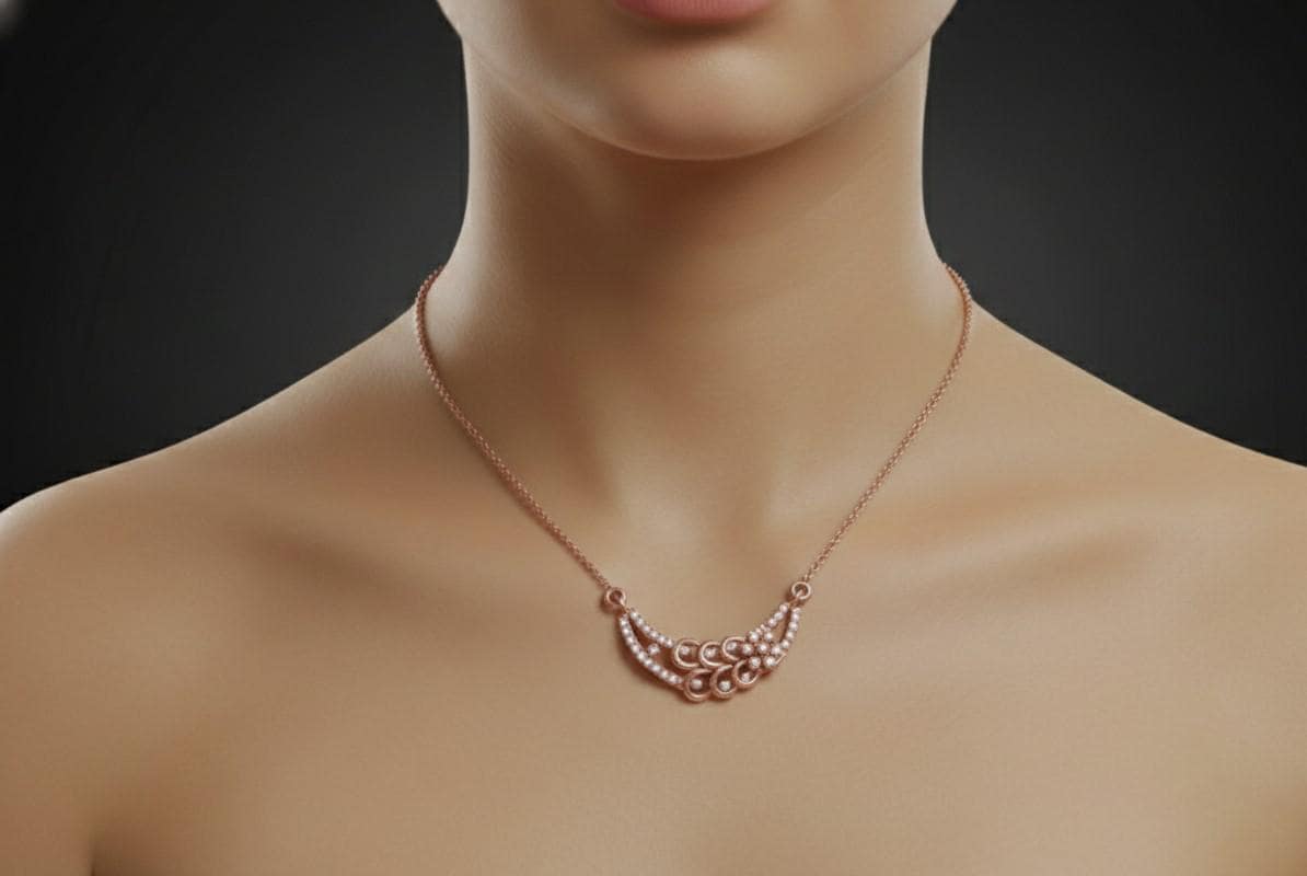 Rose gold minimalist moissanite diamond pendant necklace with delicate chain, perfect for bridal or wedding jewelry.