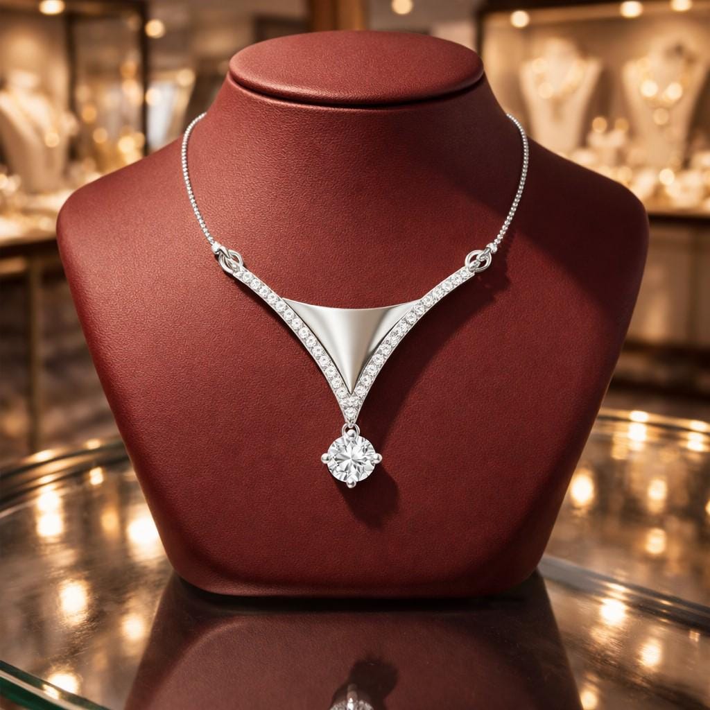 Rose silver Moissanite V pendant necklace featuring a minimalist design, elegant bridal jewelry for women.