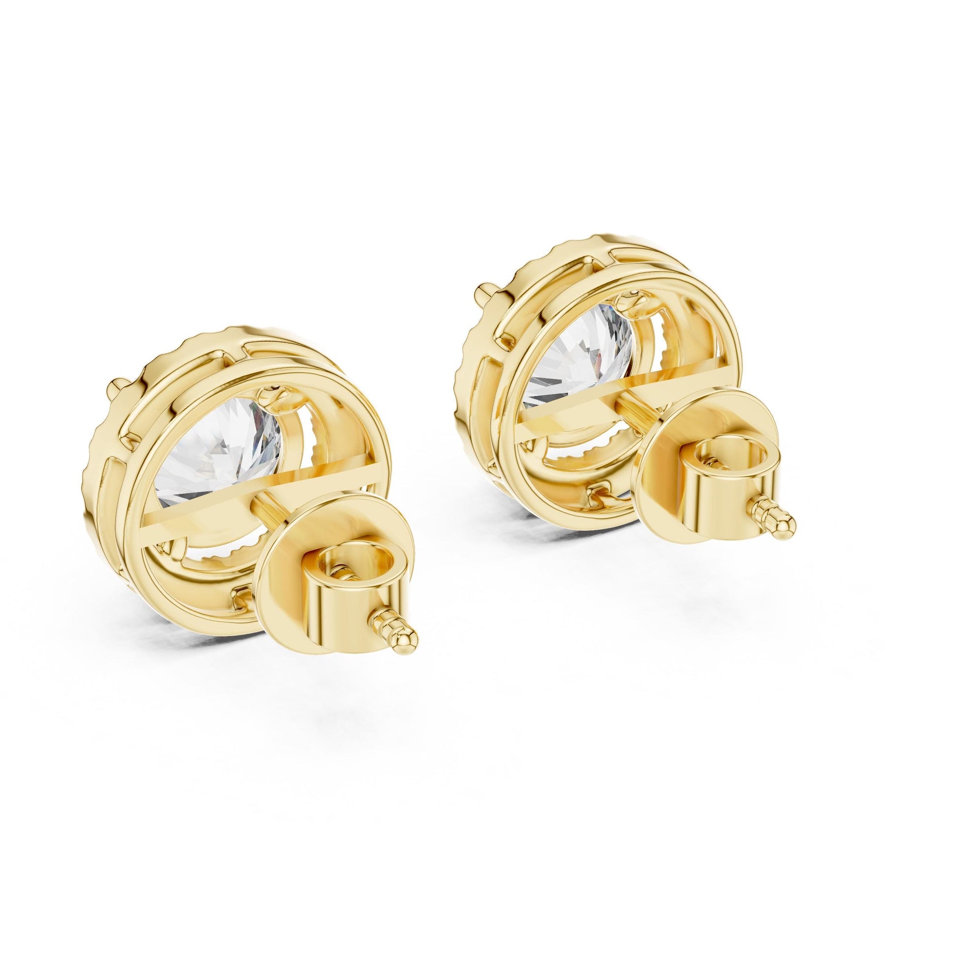 Riora Halo moissanite diamond stud earrings in gold, rose, and silver with a minimalist design, perfect for bridal jewelry.