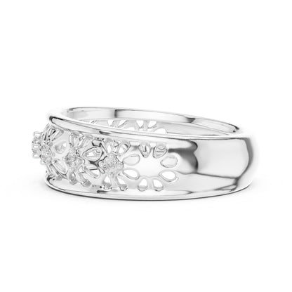 Rose gold vintage floral wedding band with moissanite accents, delicate bridal stack ring with diamond-style detailing by Riora.