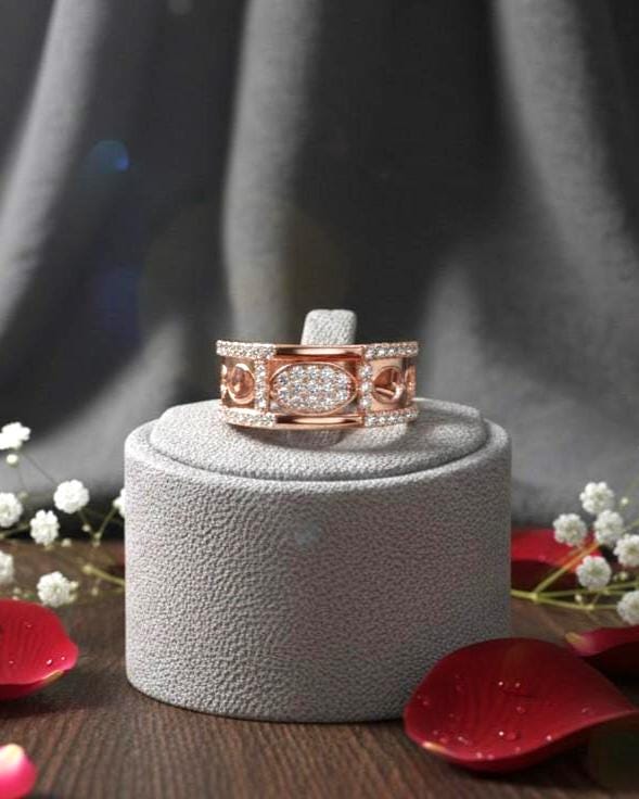Riora wide CZ eternity band ring in rose gold and silver with sparkling cubic zirconia stones, hypoallergenic statement jewelry.